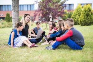 Elementary school students enjoying an outdoor learning space