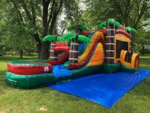 Tropical and rainbow bounce houses, inflatable slides, and bounce houses with slides are sound investments as they're gender neutral