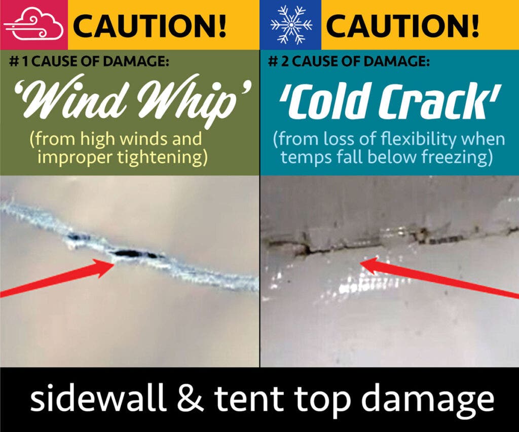 Wind whip and cold cracking can cause serious damage to a heavy duty party tent