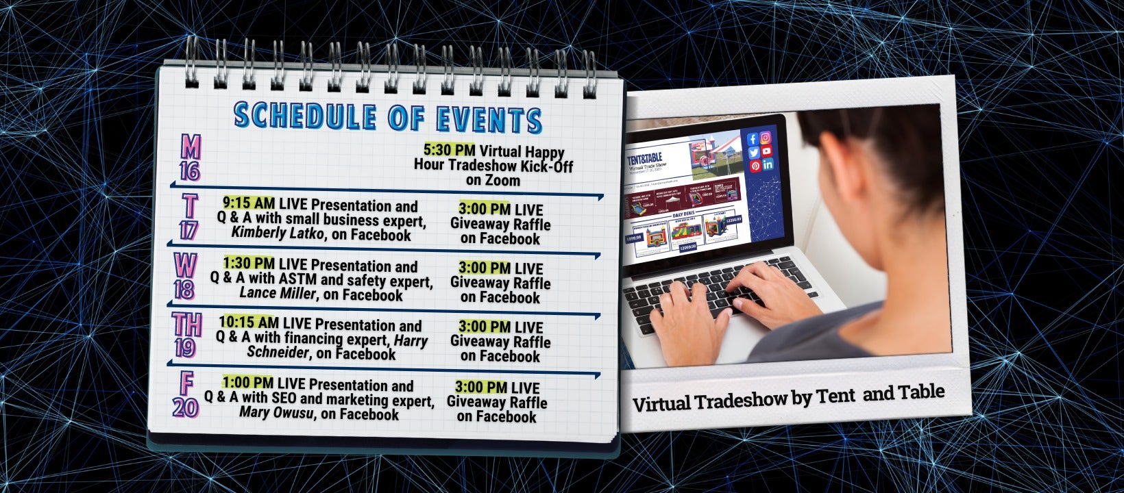 The full schedule for the 2020 Virtual Trade Show by Tent and Table